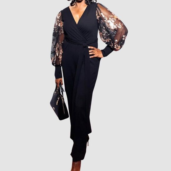 NWT Black Crepe Evening Jumpsuit with Copper Sequins Tulle Sleeves Size XL - Picture 1 of 8